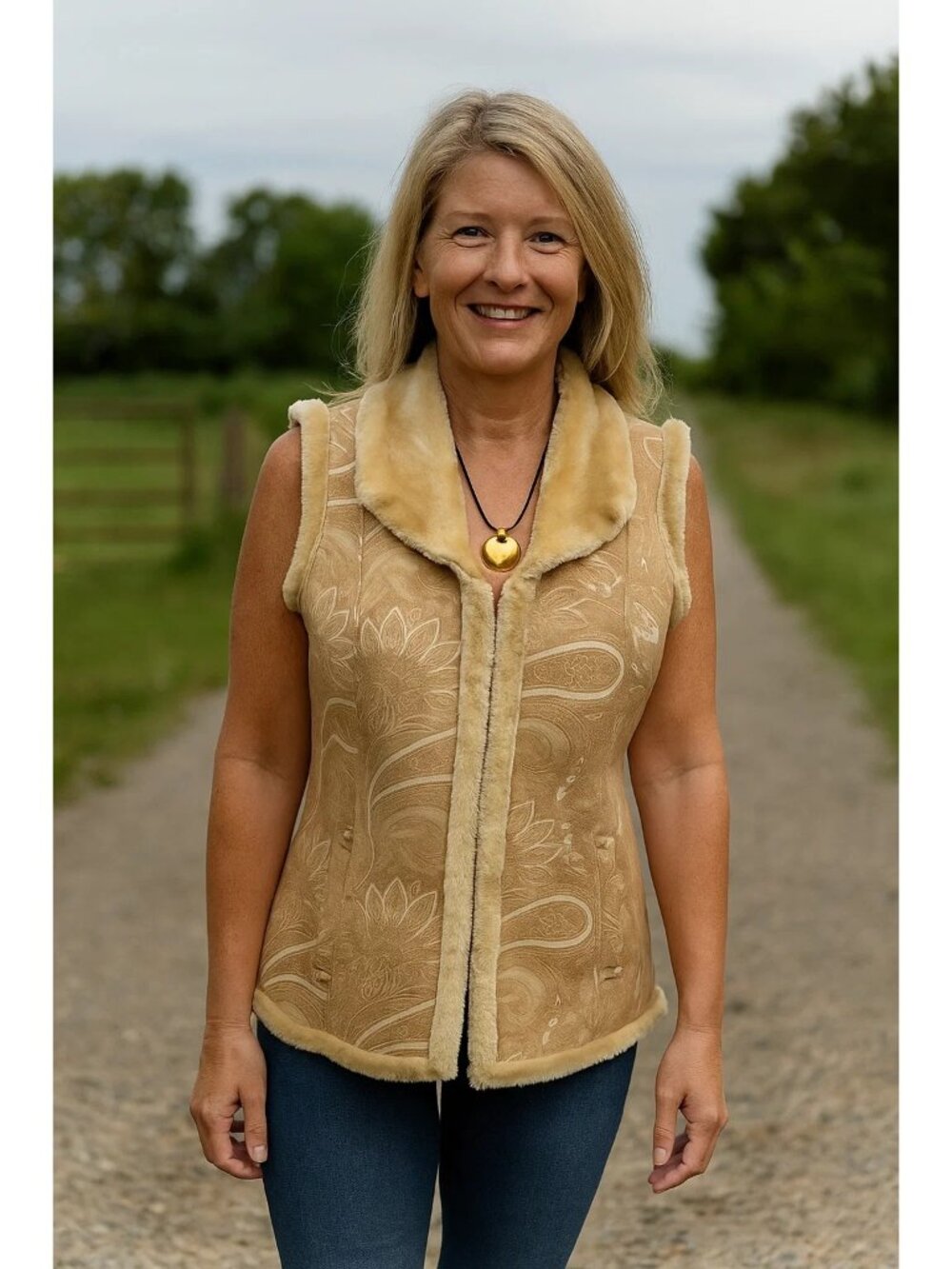 Coldwater Creek Floral Tan Faux Suede Leather Vest Womens Size Medium Jacket